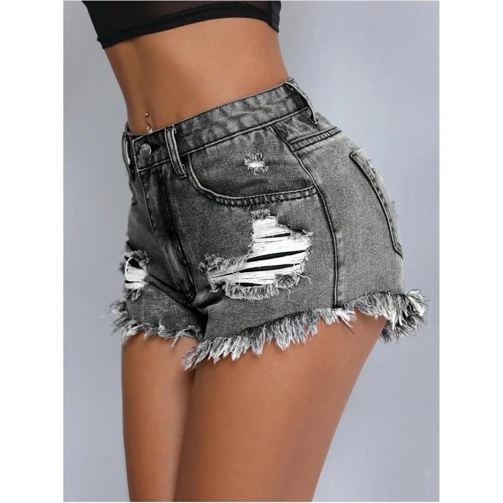 Women's Summer Ripped High Waisted Denim Shorts Straight Leg Casual